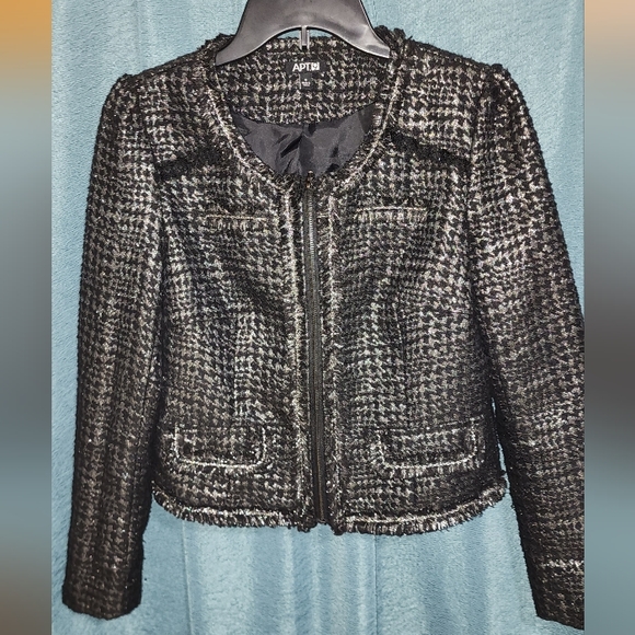 APT.9 Black Herringbone Raw Fringe Edge Crop Jacket Long Sleeve Size S Full Zip - Picture 1 of 14